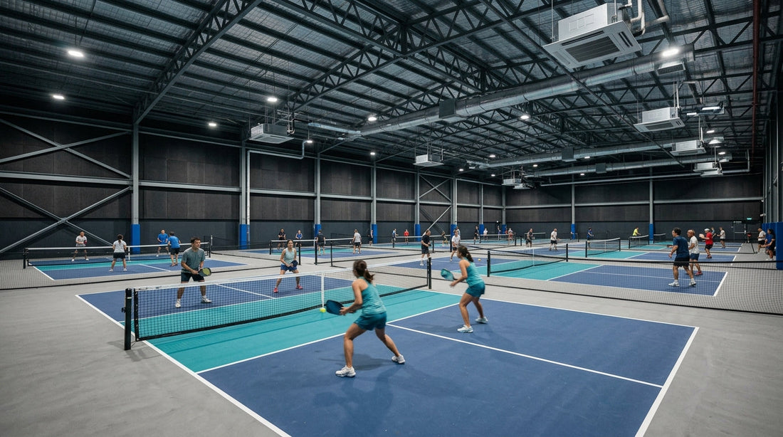 Indoor air-conditioned pickleball courts in Singapore, showing multiple enclosed courts with overhead climate control
