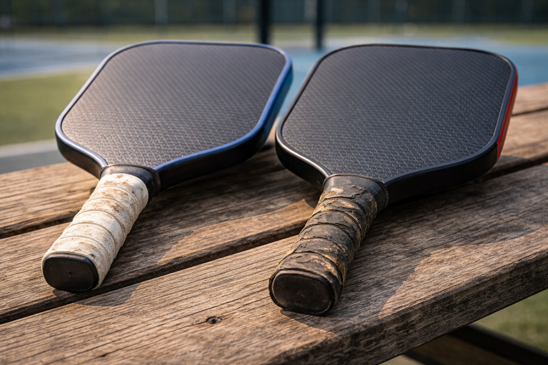 Close-up of a worn pickleball paddle grip showing signs it needs replacing