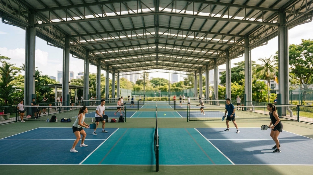 Sheltered, non-air-conditioned indoor pickleball courts in Singapore with an open-sided roof structure