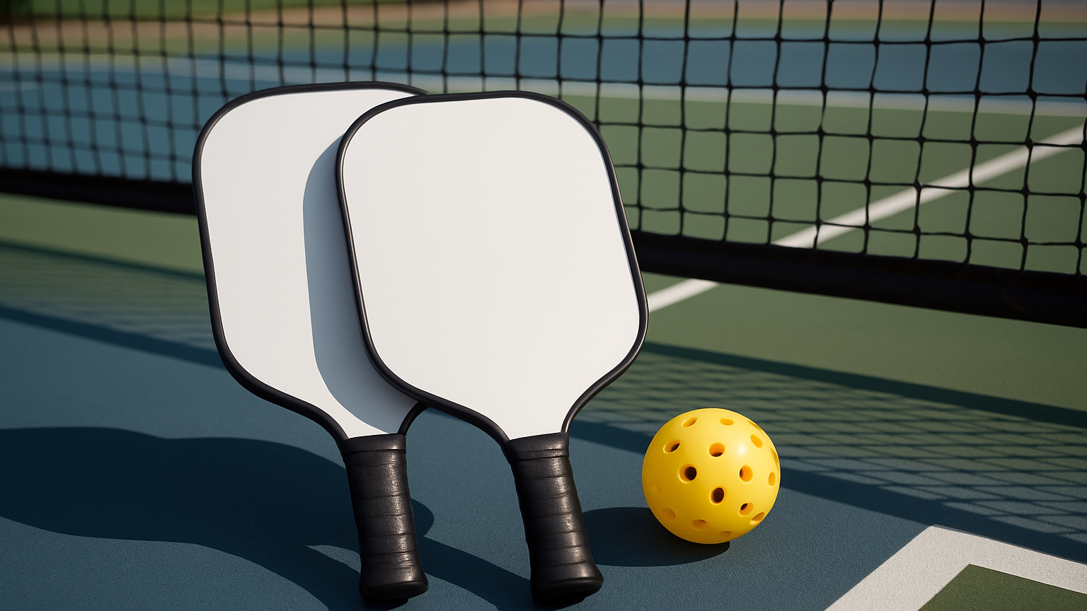 should a generic pair of unbranded pickleball paddles and ball on a pickleball court, show the net to give the court dimension and perspective